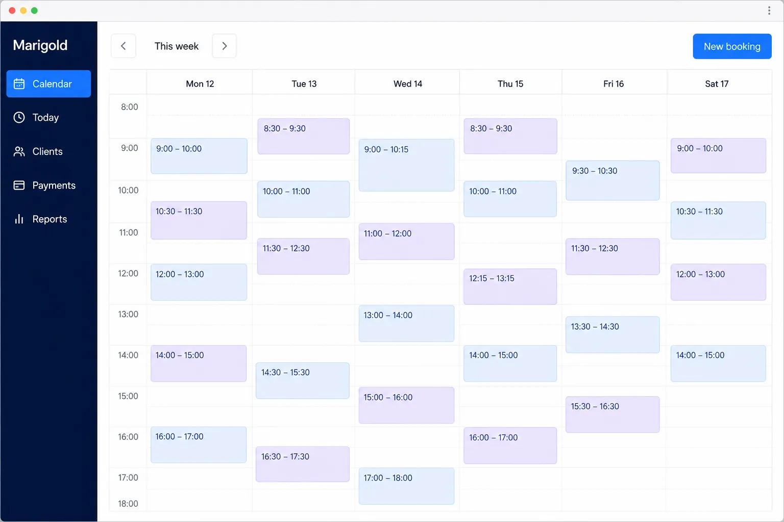 Marigold week view with appointments colour-blocked across six days