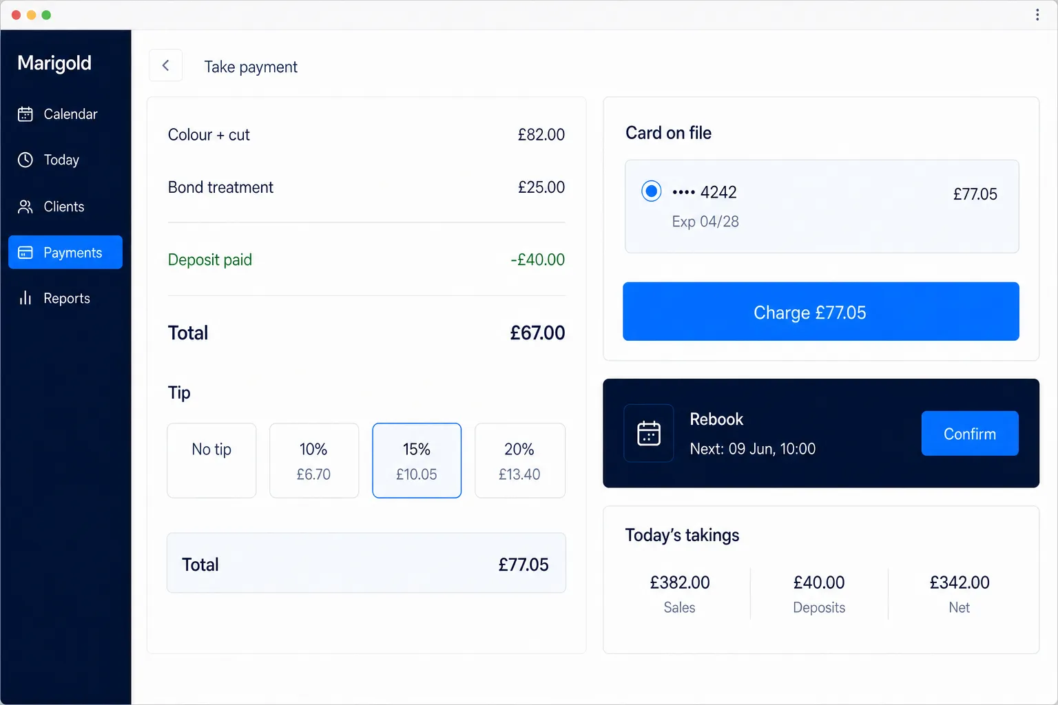 Marigold checkout showing services, deposit, tip, saved card, rebooking and today's takings